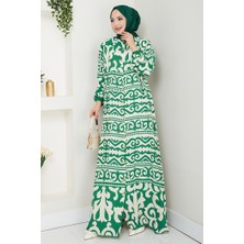 Caned Düğmeli Dokuma Viskon Elbise 1560 - Yeşil