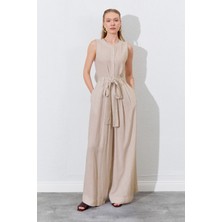 Kadın Naturel Kolsuz Kuşak Bağlamalı Double Paça Tulum