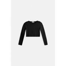 Bisiklet Yaka Dokulu Siyah Crop