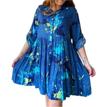 Kadın Pamuklu Katlı Gömlek Elbise Mavi