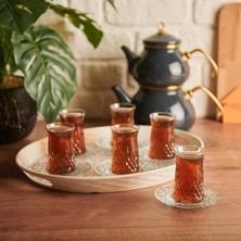 Lav Kristal Kesim 6’lı Cam Çay Bardağı ve Tabak Takımı – Özel Tasarım, Lüks Sunum
