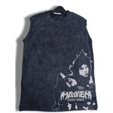 Lady Gaga Baskılı Yıkamalı Kolsuz Tişört, Unisex Mayhem Yazılı Sıfır Kol Atlet