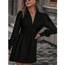 Edolika Kadın Uzun Kollu V Yaka Belden Hafif Pileli Scuba Krep Mini Boy Elbise