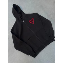 Edolika Üç Iplik Baskılı Fermuarlı Kapşonlu Hırka - Siyah