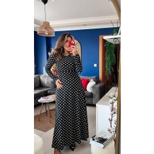 Edolika Kadın Krep Kumaş Uzun Kollu Tam Boy Puantiyeli Elbise 132 cm