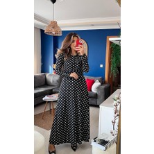 Edolika Kadın Krep Kumaş Uzun Kollu Tam Boy Puantiyeli Elbise 132 cm