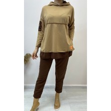 Edolika Kadın Kahve Kapşonlu Etek Ucu Detay Arma Ters Dikiş Gorunumlu Ikili Takım