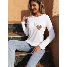 Edolika Kadın Uzun Kollu Bisiklet Yaka Kalp Desenli Bluz