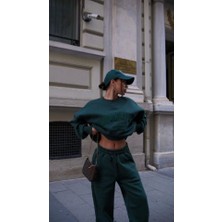 Edolika Bisiklet Yaka Nakış Işlemeli Üç Iplik Sweat Takım - Yeşil