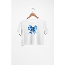 Mavi Kurdele Baskılı Crop Top, Kadın Blue Ribbon Baskılı Crop Bluz
