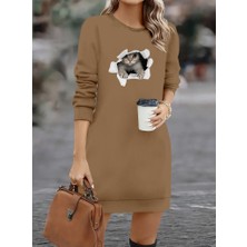 Edolika Kadın Uzun Kollu Bisiklet Yaka Kısa Viskon Iki Iplik Elbise