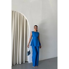 Edolika Jakar Keten Kolsuz Bluz-Pantolon Tk - Mavi