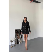 Edolika Önden Gold Düğmeli Pileli Kısa Elbise - Siyah