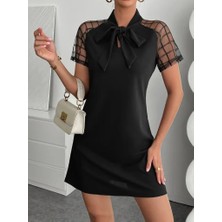 Edolika Kadın Kısa Kollu Boyundan Bağlamalı Omuzlarda Tül Detaylı Janjan Krep Elbise