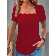 Edolika Kadın Kısa Kollu Kare Lazer Yakalı Janjan Krep Bluz