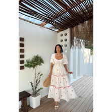 Edolika Nar Çiçeği Dantel Detaylı Brode Elbise