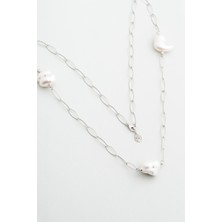 Versay Asaleti 18 Ayar Beyaz Altın Kaplama 64 cm Gümüş Inci Kolye