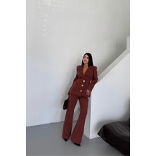 Edolika Tasarım Ceket-Pantolon Takım Metal Düğme Detaylı - Kahverengi