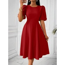 Edolika Kadın Kısa Balon Kollu Bisiklet Yaka Kiloş Janjan Krep Elbise