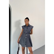 Edolika Gömlek Elbise Kolsuz Tencel Kumaş - Mavi