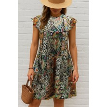 Edolika Kadın Kısa Kollu Kolları Fırfırlı Bisiklet Yakalı Kare Desenli Elbise