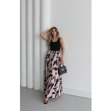 Edolika Kadın Askılı Yuvarlak Yaka Üst Viskon Alt Desenli Uzun Süprem Elbise