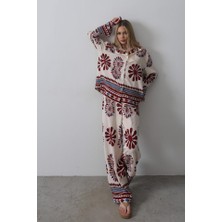 Edolika Desenli Kolları Volanlı Pantolon Takım - Kırmızı