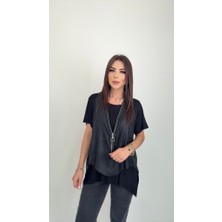 Edolika Kadın Kısa Kollu Yuvarlak Yaka Viskon Bluz + Kolsuz Fermuarlı Çatlak Deri Yelek