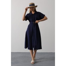 Edolika Kuşaklı Cep Detaylı Yarım Kol Elbise - Lacivert