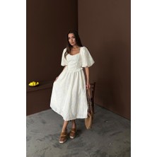 Edolika Ekru Balon Kollu Dantelli Brode Elbise