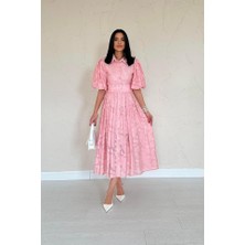 Edolika Pembe Kemerli Balon Kollu Elbise