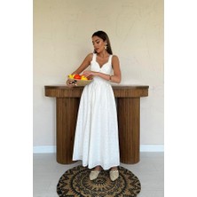 Edolika Ekru Dantel Detaylı Askılı Elbise