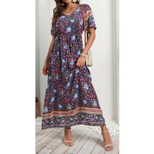 Edolika Kadın Kısa Kollu Beli Lastikli Çiçek Desen Tam Boy Elbise