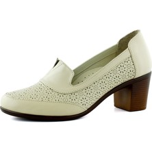 Erkan Saçmacı Madre Bej Hakiki Dana Derisi Vintage Desenli Kalın Topuklu Günlük Klasik Ayakkabı