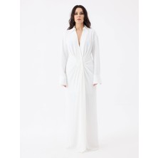 Derin V Yaka Önü Büzgülü Maxi Boy Elbise - Beyaz