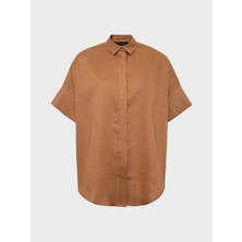Kısa Kollu Oversize Keten Gömlek - Kahve
