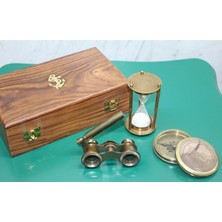 Ahşap Kutulu Pirinç Pusula Kum Saati, Dürbün Seti 24*8 cm