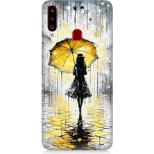Samsung Galaxy A20S Uyumlu Yağmurda Sarı Şemsiye Altında  Desenli Silikon Kılıf