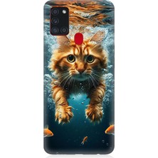 Samsung Galaxy A21S Uyumlu Suda Yüzen Kedi  Desenli Silikon Kılıf