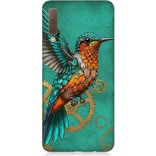 Samsung Galaxy A7 2018 Uyumlu Turkuaz Zeminde Sinek Kuşu  Desenli Silikon Kılıf