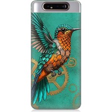 Samsung Galaxy A80 Uyumlu Turkuaz Zeminde Sinek Kuşu  Desenli Silikon Kılıf