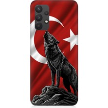 Samsung Galaxy A32 Uyumlu Bayrak Önünde Uluyan Kurt  Desenli Silikon Kılıf
