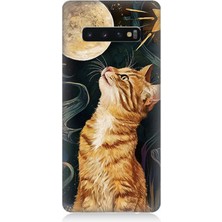 Samsung Galaxy S10 Uyumlu Aya Bakan Meraklı Kedi  Desenli Silikon Kılıf