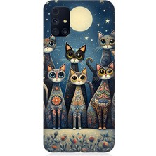 Samsung Galaxy M31S Uyumlu Ay Altında Kedi Ailesi  Desenli Silikon Kılıf