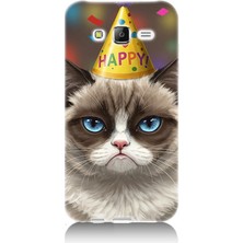 Samsung Galaxy J7 Uyumlu Doğum Günlü Somurtkan Kedi  Desenli Silikon Kılıf