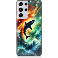 Samsung Galaxy S21 Ultra Uyumlu Ateşle Dans Eden Köpekbalığı  Desenli Silikon Kılıf