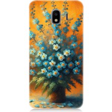Samsung Galaxy J2 Pro Uyumlu Turuncuda Mavi Çiçekler  Desenli Silikon Kılıf