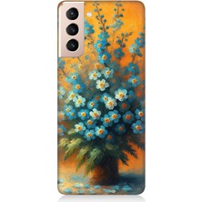 Samsung Galaxy S21 Uyumlu Turuncuda Mavi Çiçekler  Desenli Silikon Kılıf