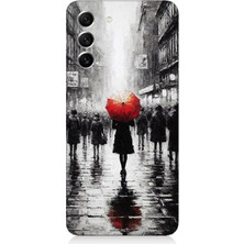 Samsung Galaxy S21 Fe Uyumlu Kırmızı Şemsiyeli Yalnızlık  Desenli Silikon Kılıf