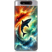 Samsung Galaxy A80 Uyumlu Ateşle Dans Eden Köpekbalığı  Desenli Silikon Kılıf